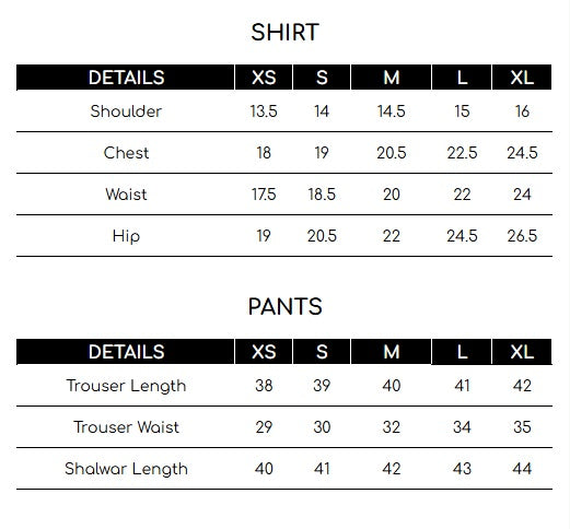 Size chart for Asim Jofa | Izel | AJIZL-02