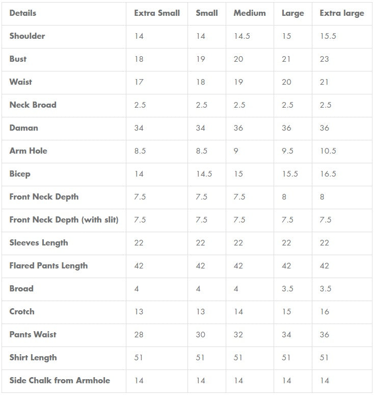 Size chart for Faiza Saqlain | Zimmal | Ayska