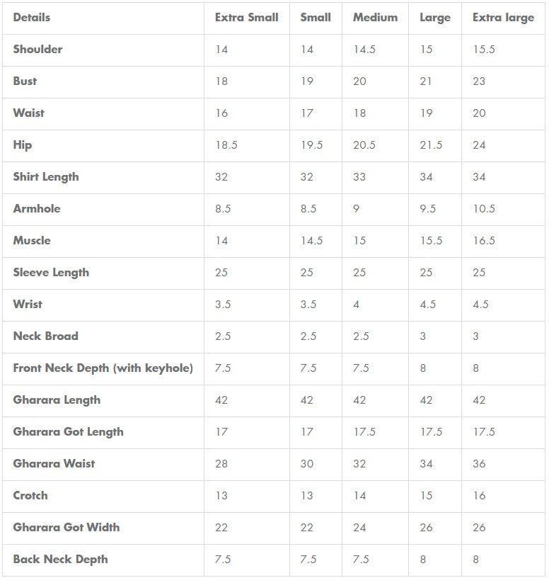 Size chart for Faiza Saqlain | Zimmal | Camillie