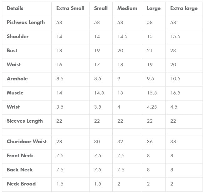 Size chart for Faiza Saqlain | Zimmal | Cassia