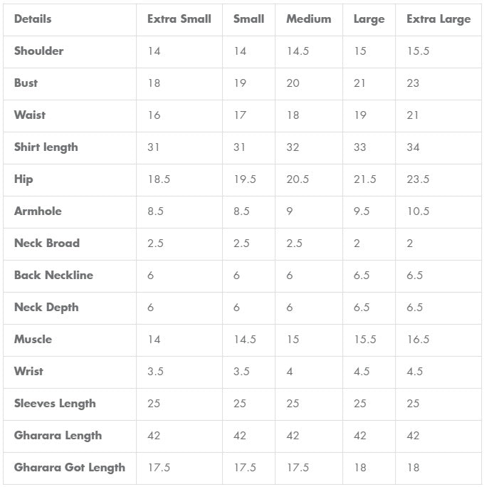 Size chart for Faiza Saqlain | Zimmal | Devina