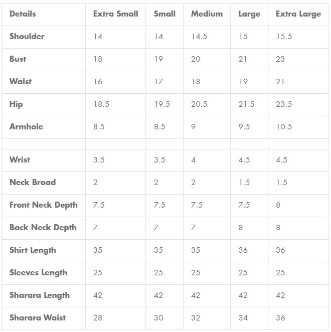 Size chart for Faiza Saqlain | Zimmal | Tisha