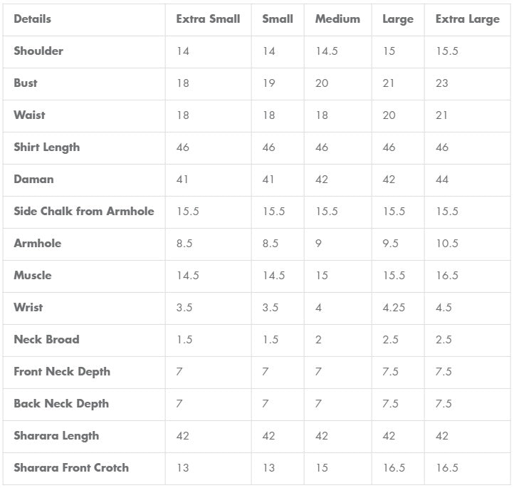 Size chart for Faiza Saqlain | Zimmal | Vemita