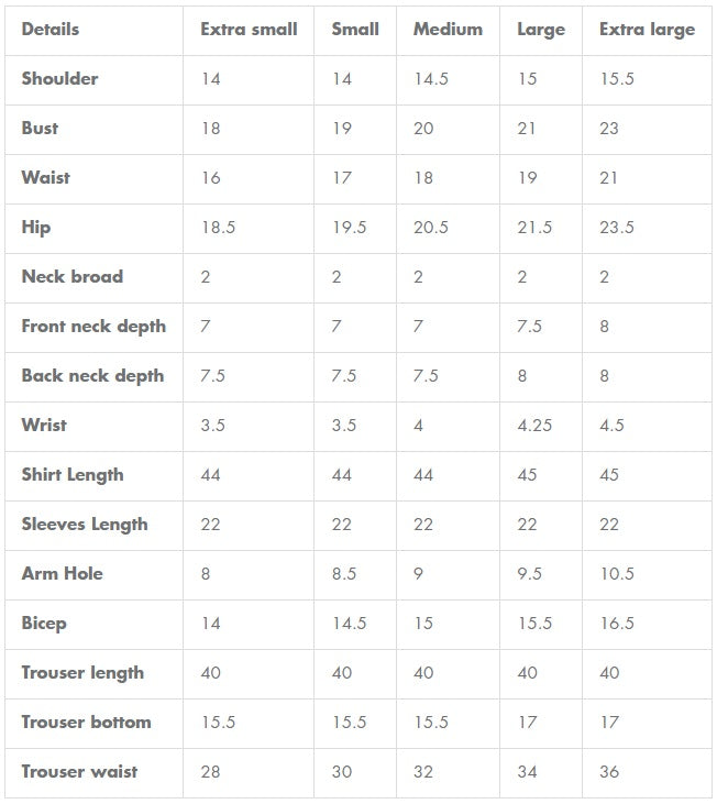 Size chart for Faiza Saqlain | Zimmal | Yulia